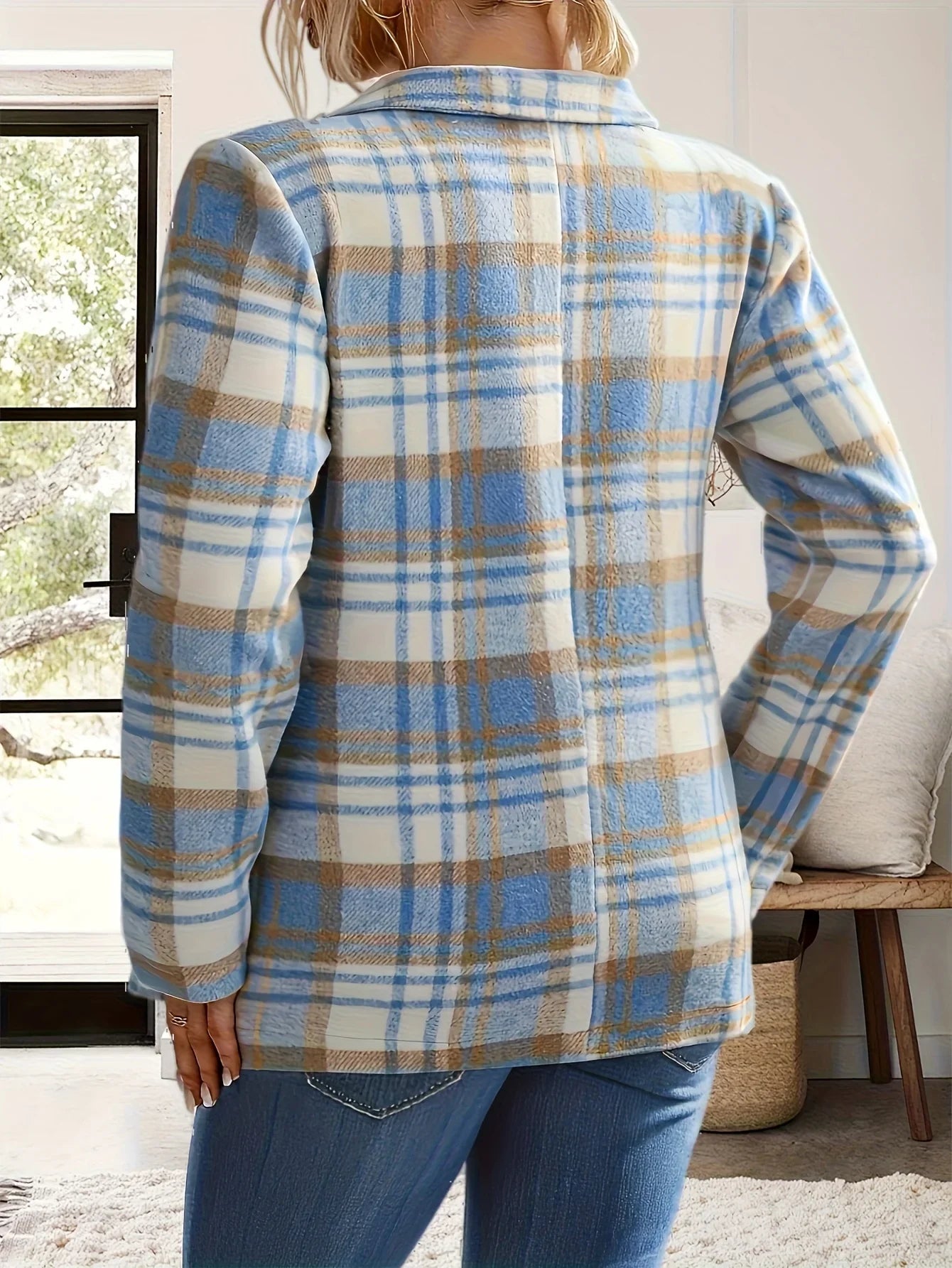 Women's Blazer - Plus Size Plaid Tailored Collar Jacket