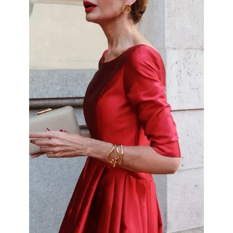 Women's A-Line Midi Dress Half Sleeves O-Neck Pleated Elegant Evening Dress