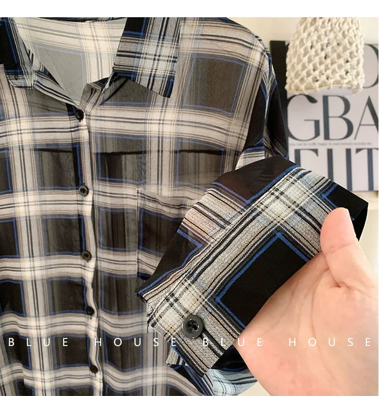 Plaid Single-Breasted Long Sleeve Loose Lightweight Shirt