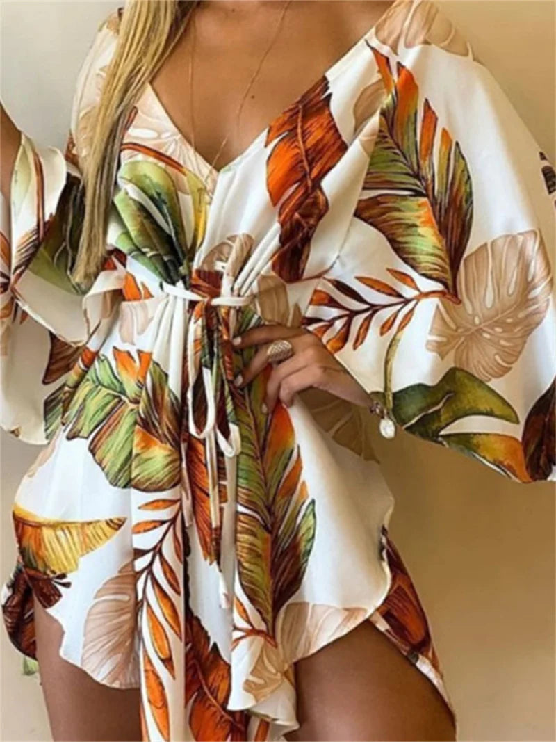 Floral Print V-Neck Batwing Sleeve Loose Mini Dress