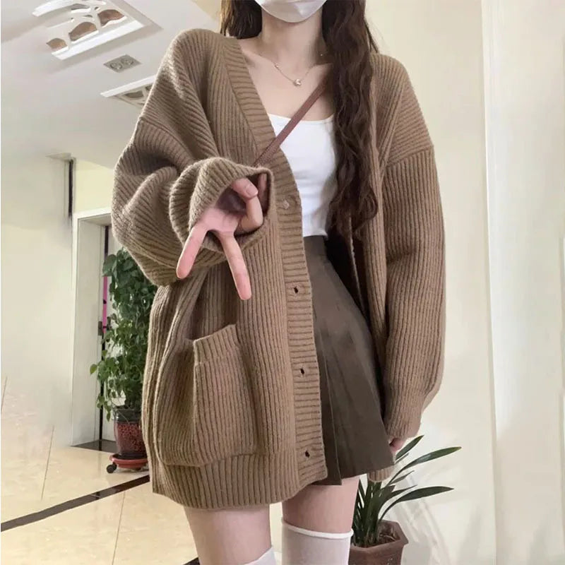 Women's Korean Style V-Neck Cardigan - Loose Fit Knit Sweater