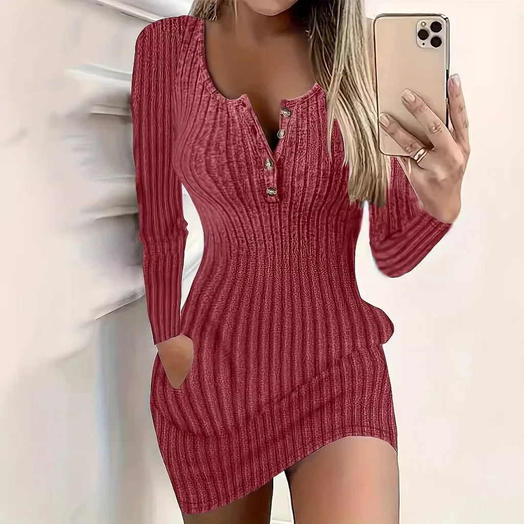 Women's Long-Sleeve Ribbed Knit Bodycon Dress