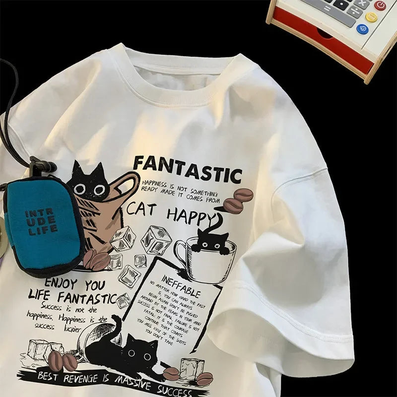 Cartoon Cat Print Oversized Unisex Tee