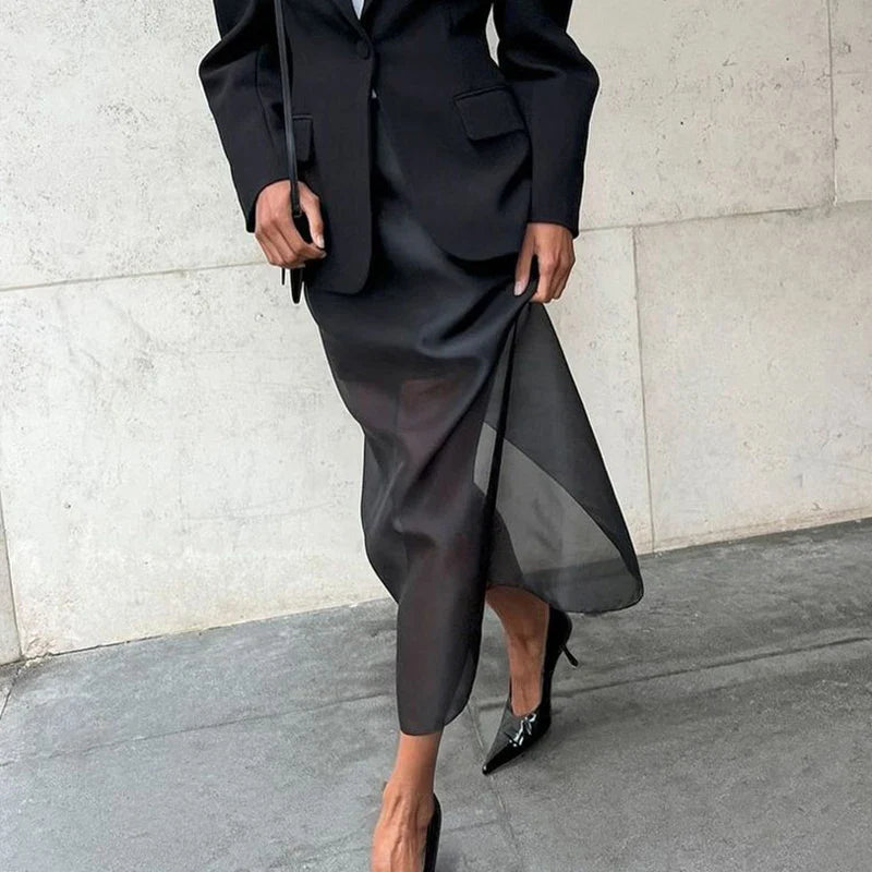 Tornova Black Mesh Skirts For Women Double-layer Design Sexy Perspective High Waist Slit Hip Skirt Female Thin Loose New Summer
