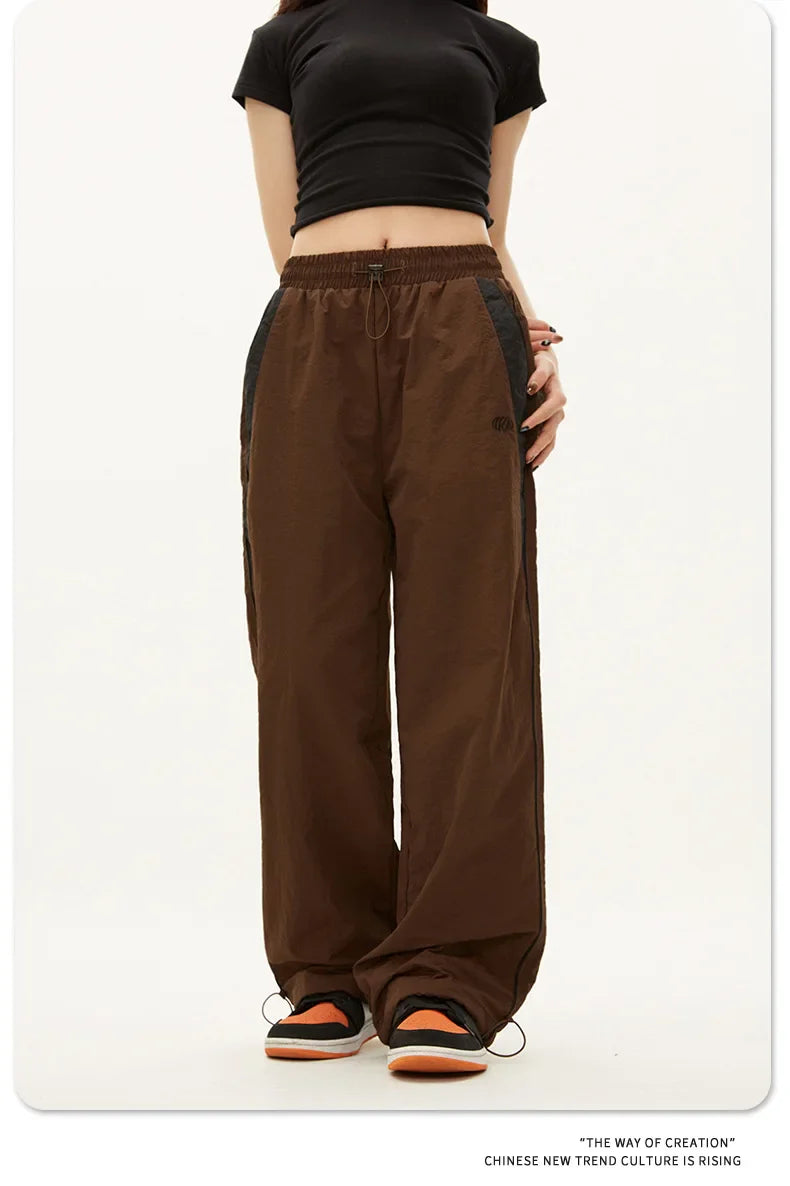 High Waist Wide Leg Patchwork Pants Loose Fit Elastic Waist Pockets