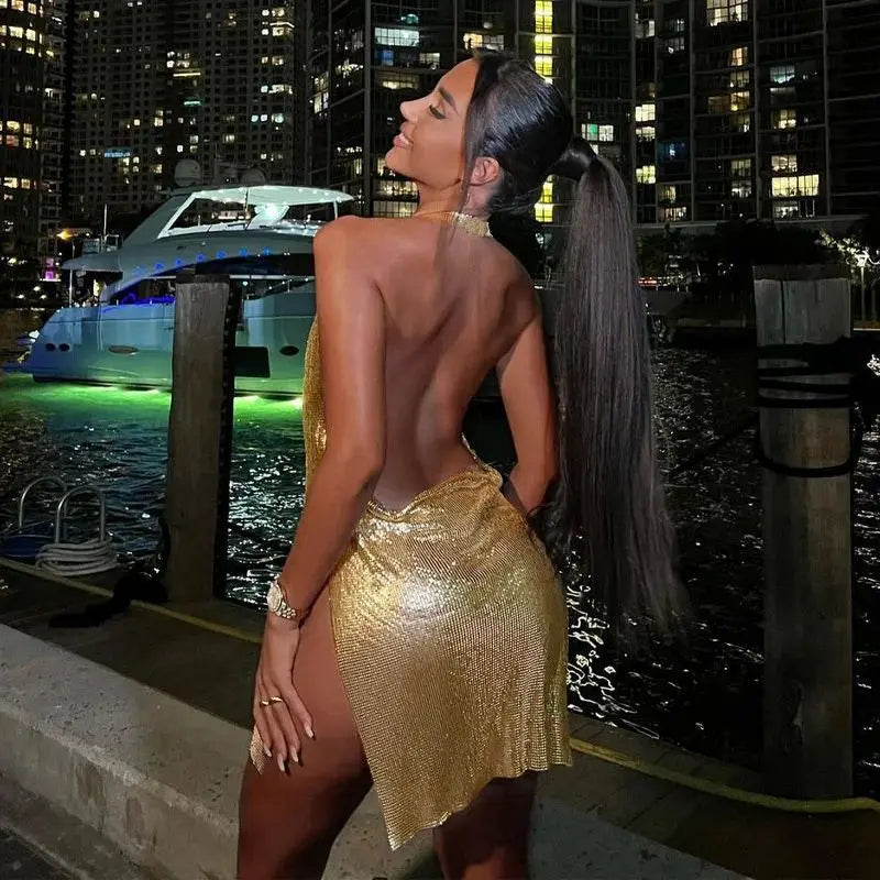 Women's Dress - Sequin Halter Neck Backless Mini Party Dress