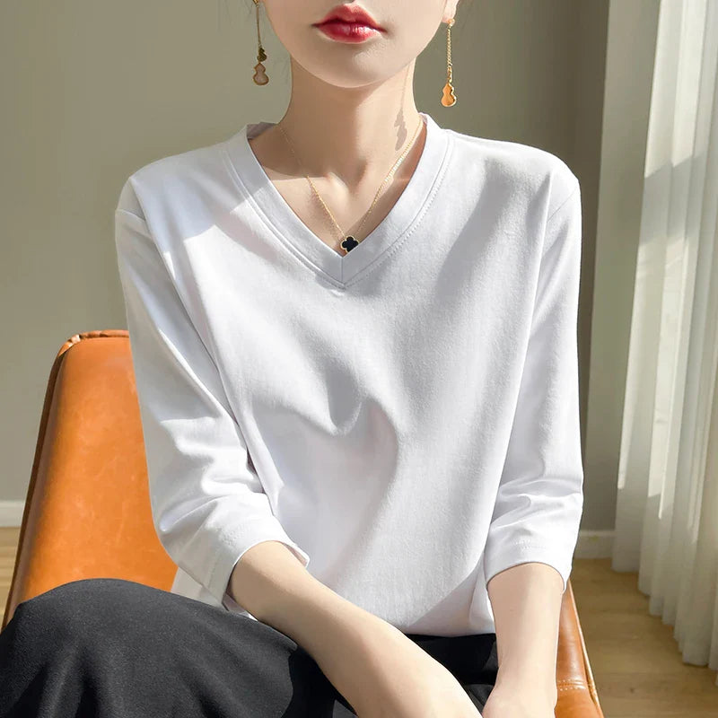 Women's Cotton V-Neck Cropped Sleeve T-Shirt