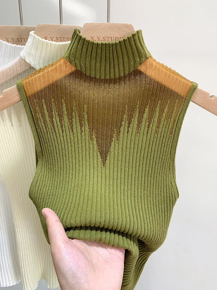 Mesh Knit Half Neck Cut Out Sleeveless Tube Top