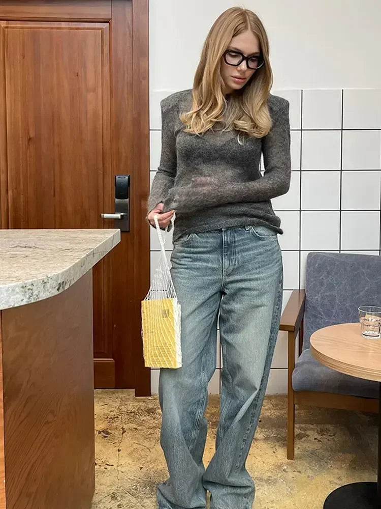 Round Neck Hollow-Out Knit Sweater Long Sleeve Loose Fit