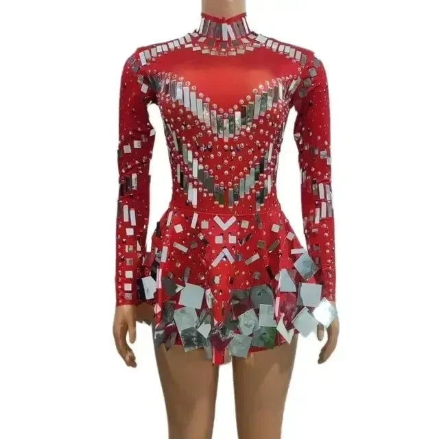 Women's Mirror Sequin Party Dress - Stretch Stage Dance Dress