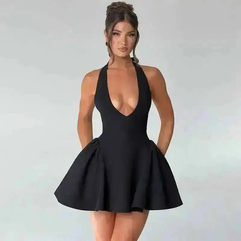 Women's Dress - Waist Wrap Halter Backless Pleated Mini Dress