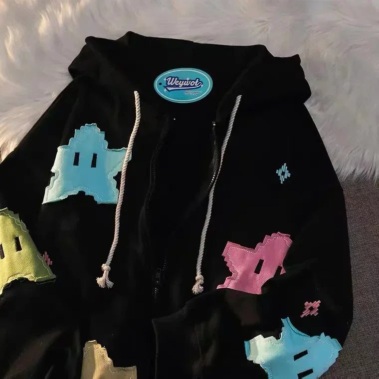 Y2K Oversized Embroidered Zip-Up Hoodie