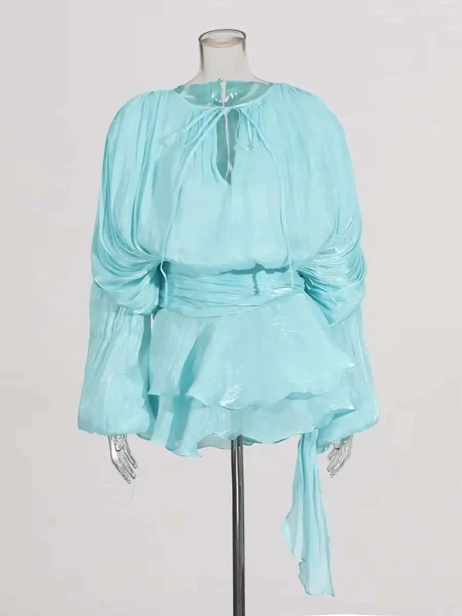 Solid Blouse Mini Dresses For Women V Neck Long Sleeve Spliced Lace Up Sweet Style Dress Female Clothing Fashion