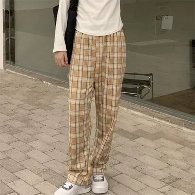 Plaid Wide Leg Plush Pants Warm Cashmere Loose Mid Waist Casual