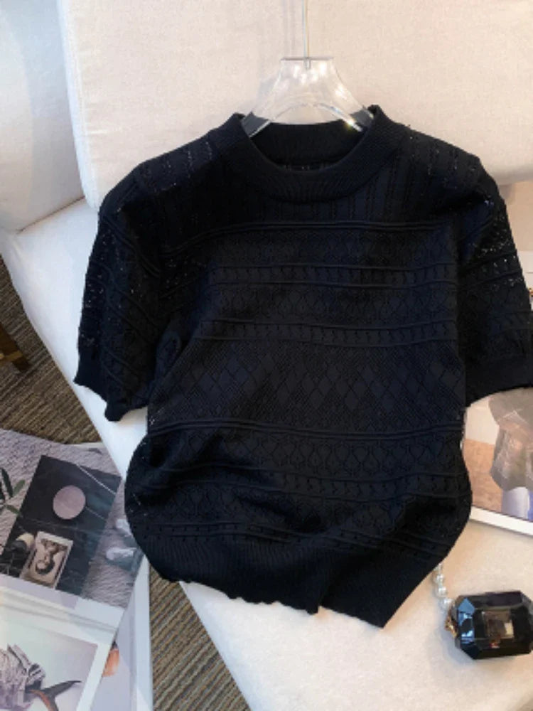 Round Neck Hollow-Out Knit Top Short Sleeve Slim Fit Cropped Pullover