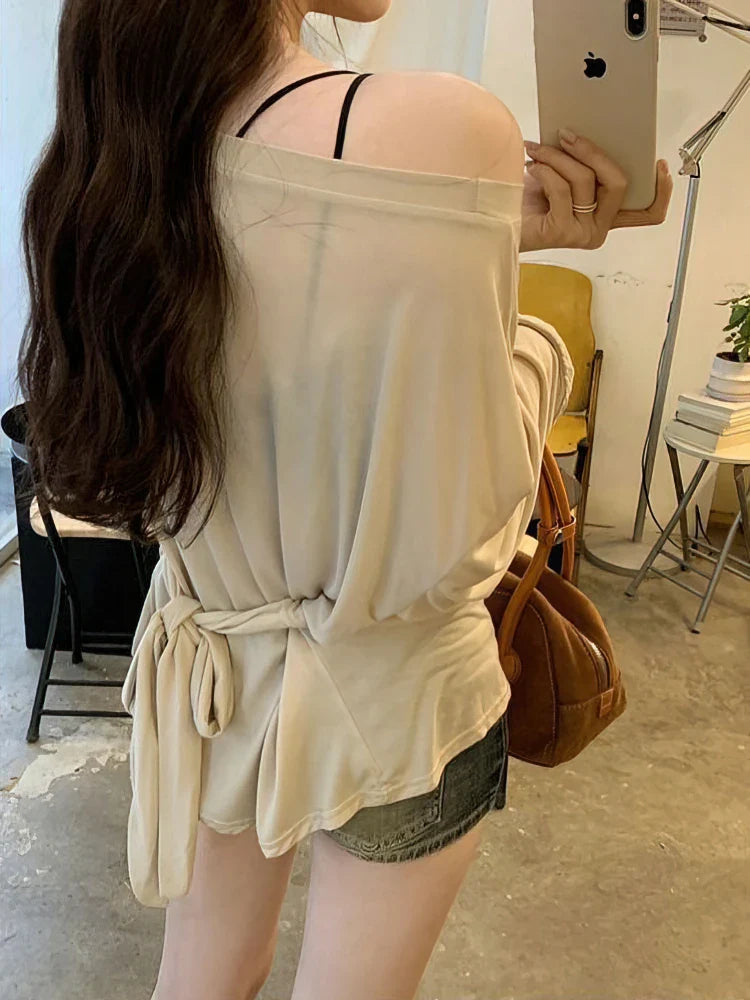 Off-Shoulder Bandage See-Through Long Sleeve Oversized Tee