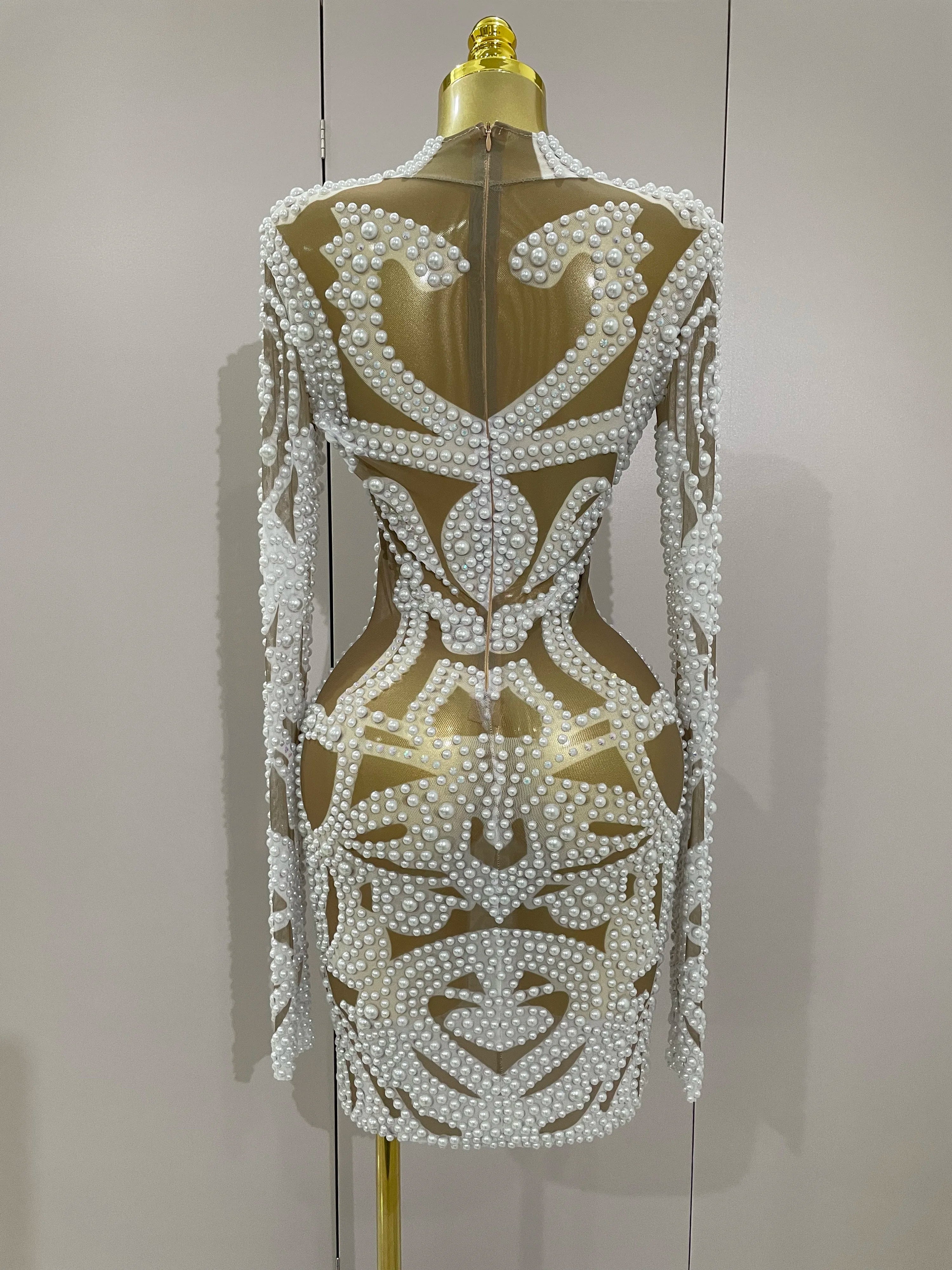 Rhinestone Pearl Mesh Evening Gown