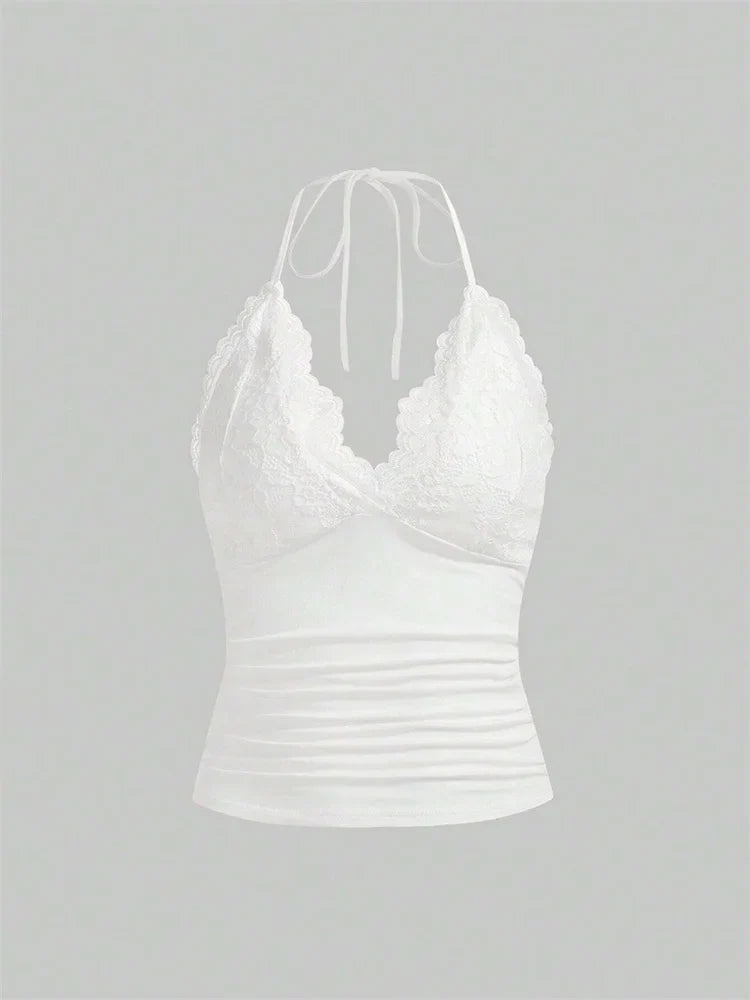 Women's Gothic Lace Patchwork Halter Top | Backless Ruched Tank | Y2K Streetwear