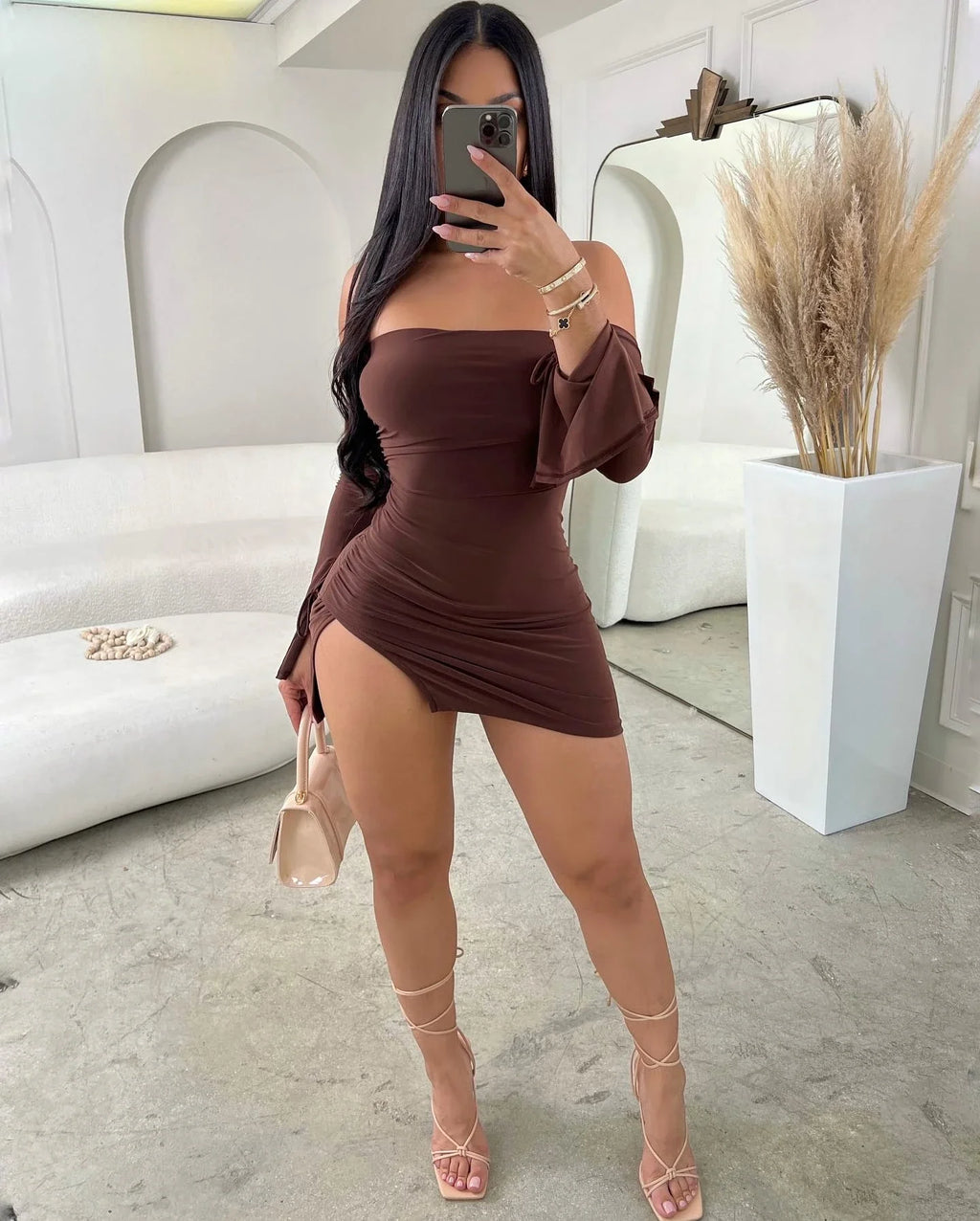 Strapless Backless Mini Dress Women Off Shoulder Long Sleeve Bodycon Club Party