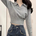 Button-Up Collar Cropped Knit Sweater Long Sleeve Slim Fit