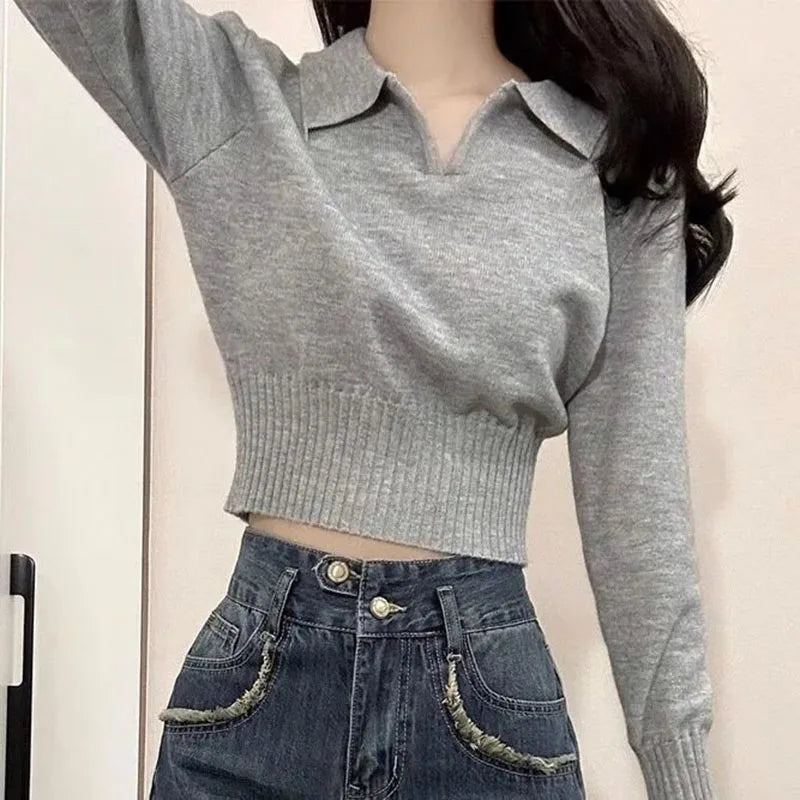 Button-Up Collar Cropped Knit Sweater Long Sleeve Slim Fit