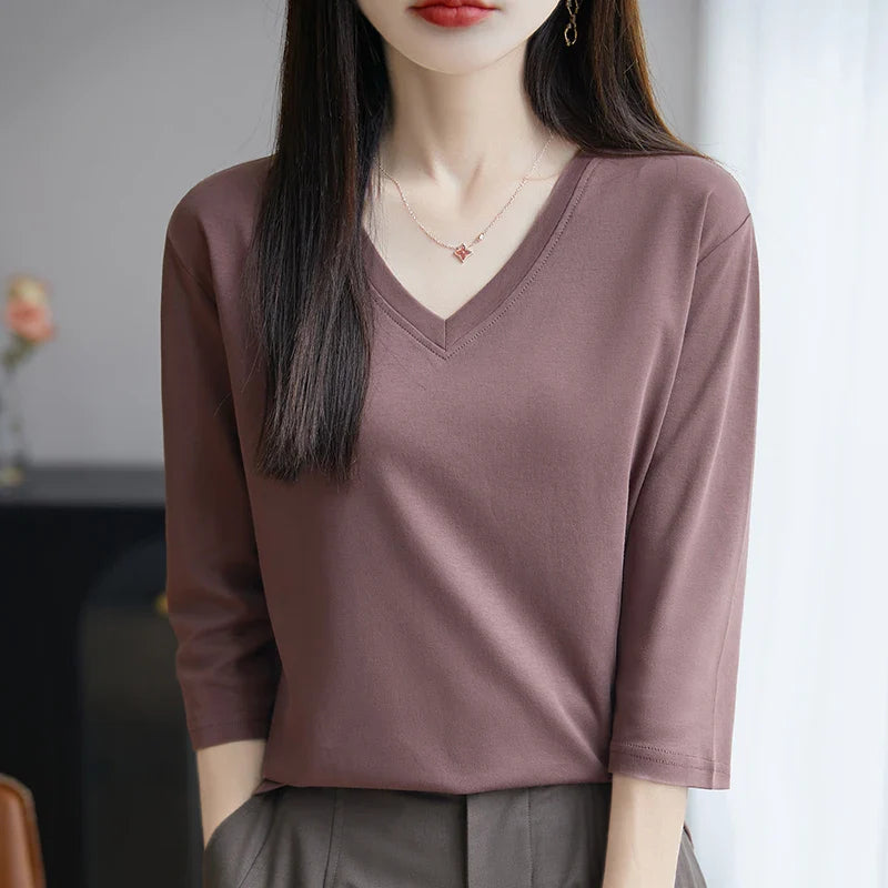Women's Cotton V-Neck Cropped Sleeve T-Shirt