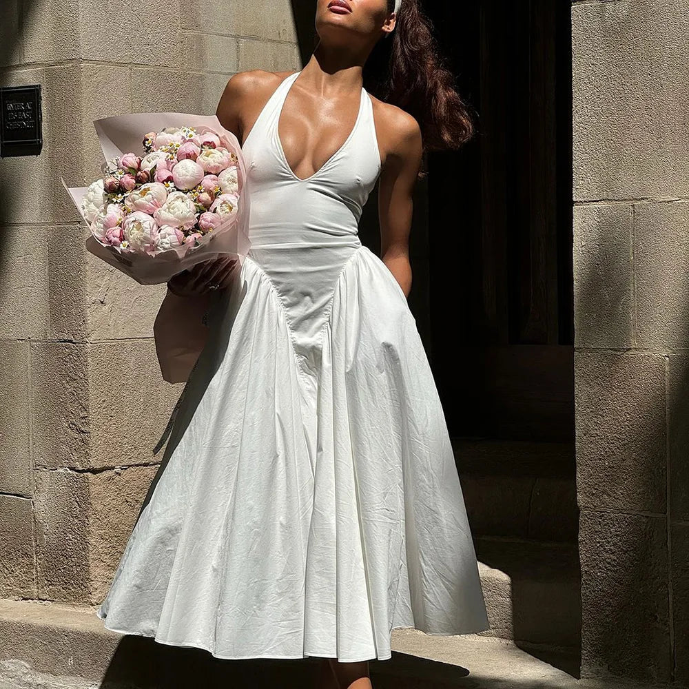 Backless Deep V Halter Maxi Dress