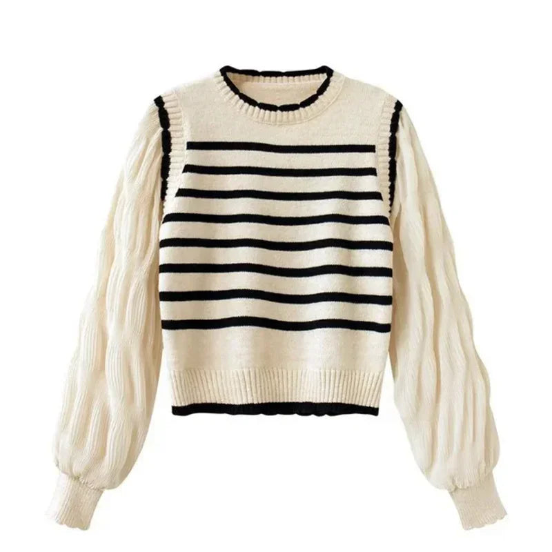 Striped Layered Knit Sweater Long Sleeve Loose Fit Pullover