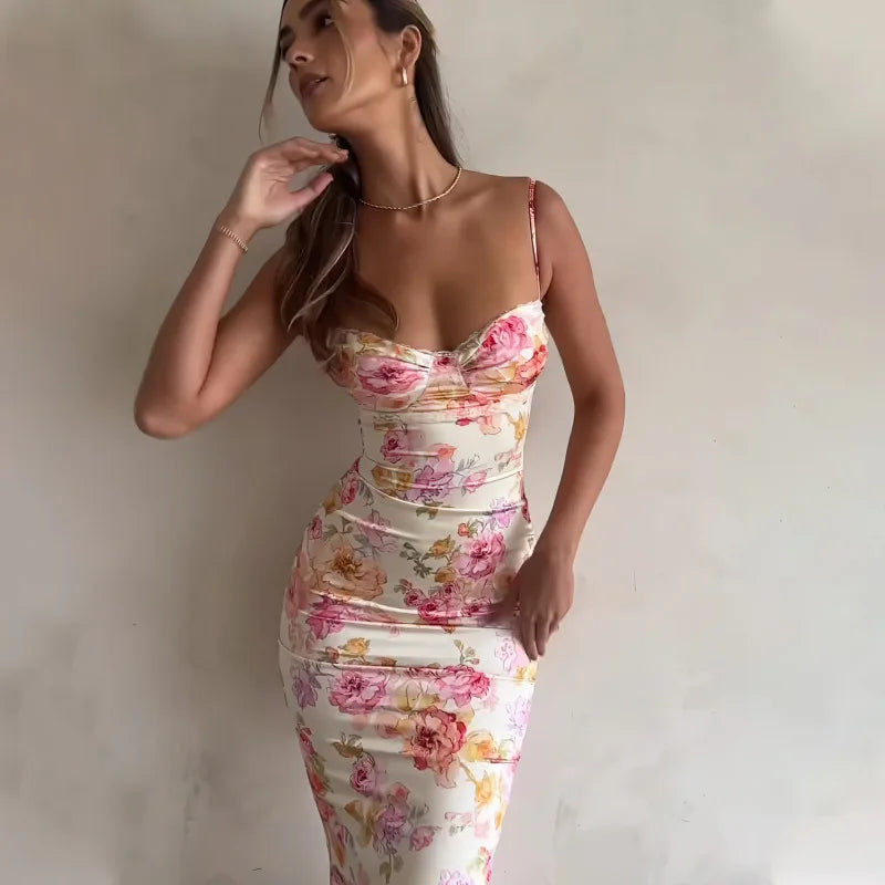 Women's Floral Spaghetti Strap Dress - Sleeveless Slim Fit Maxi