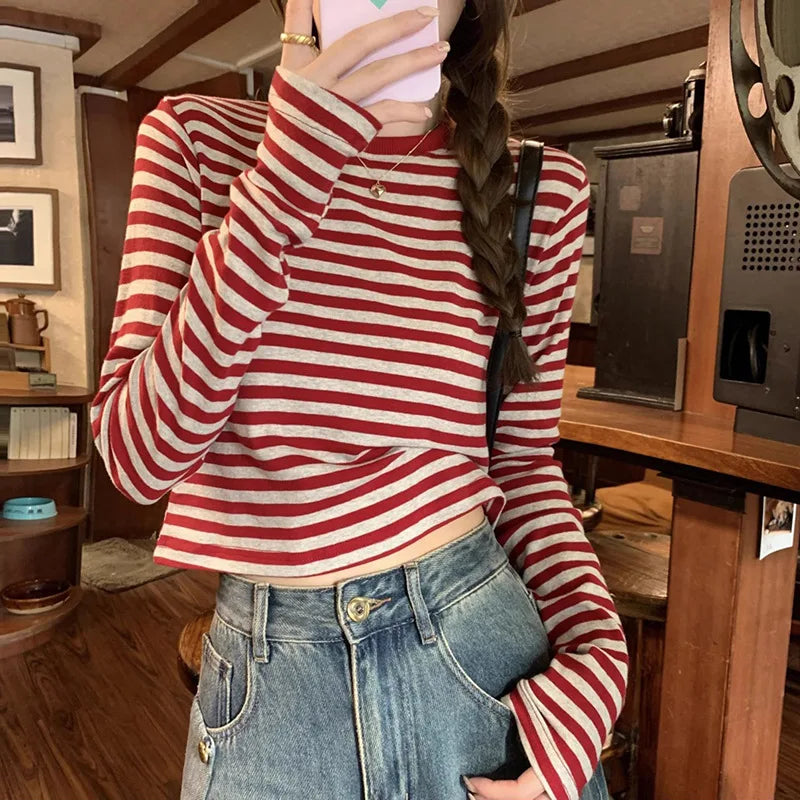 Vintage Long Sleeve Striped T Shirt Women Soft Chic Tees Color Blocking Casual Pullover Woman 2026 Spring Summer New Crop Tops