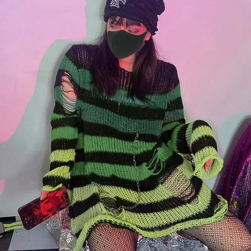 Round Neck Striped Ripped Knit Sweater Long Sleeve Loose Fit Pullover