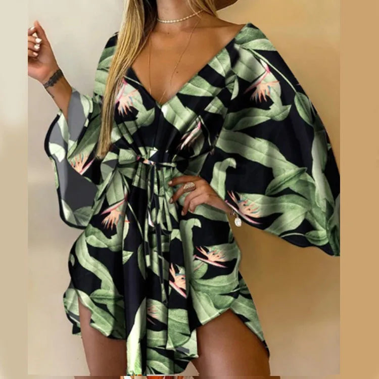 Floral Print V-Neck Batwing Sleeve Loose Mini Dress