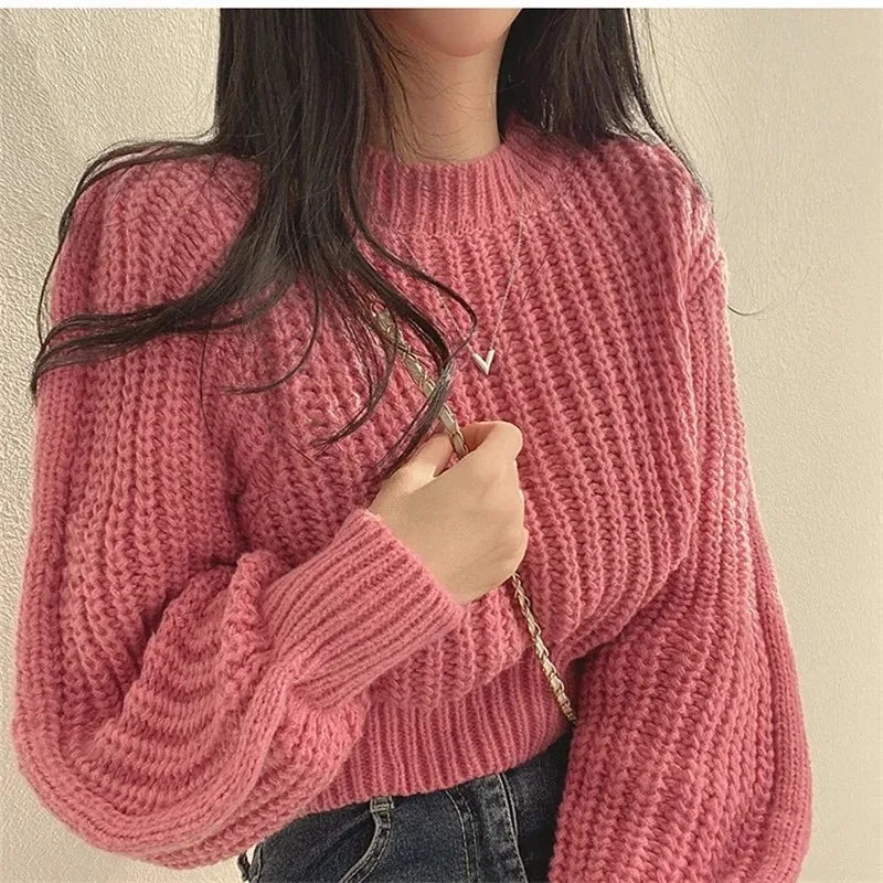 Round Neck Lantern Sleeve Knit Sweater Long Sleeve Loose Fit