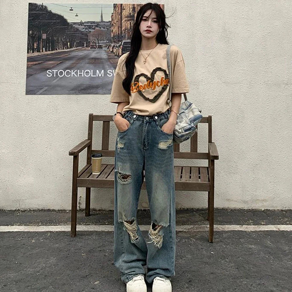 High Waist Distressed Wide Leg Jeans Ripped Loose Fit Retro