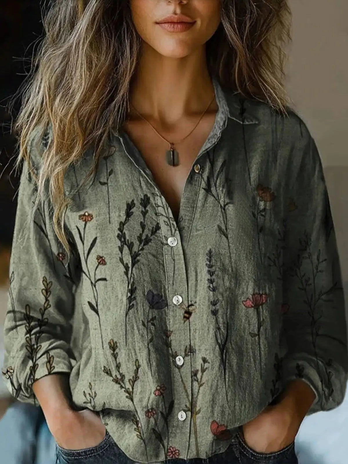 Women's Vintage Print Cotton Linen Shirt - Long Sleeve Casual Blouse