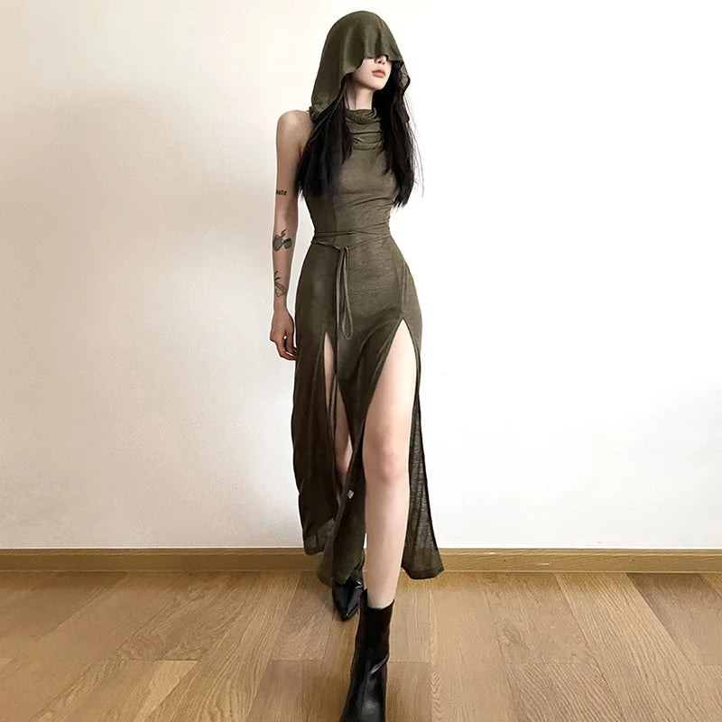 Goth Dark Cyber Gothic Hooded Dress Y2K Punk Grunge Hollow Out Midi Dress Women Split Side Streetwear