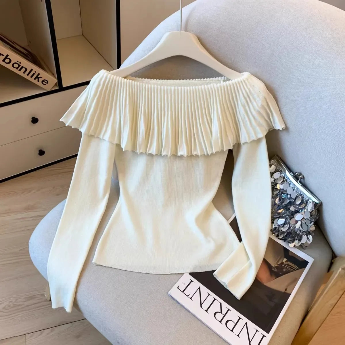 Slash Neck Ruffle Sweater Long Sleeve Regular Fit Pullover