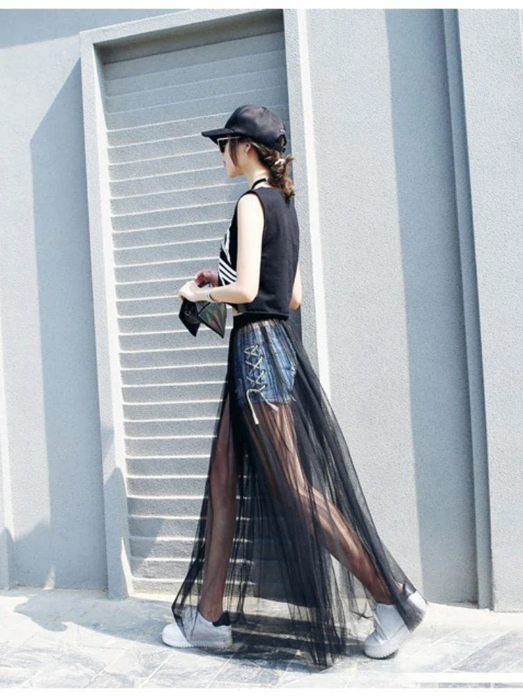 Women's Lace Mesh Transparent Maxi Skirt