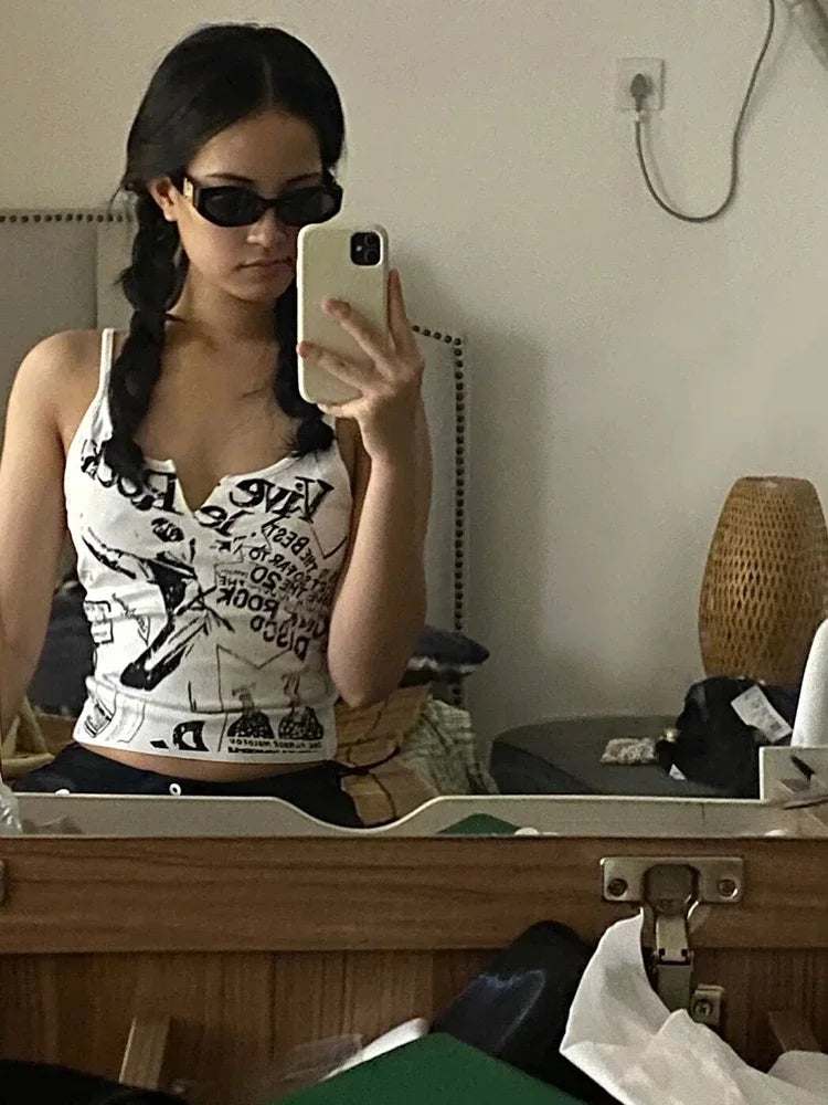Y2K Punk Print Ribbed Sleeveless Crop Tank Top