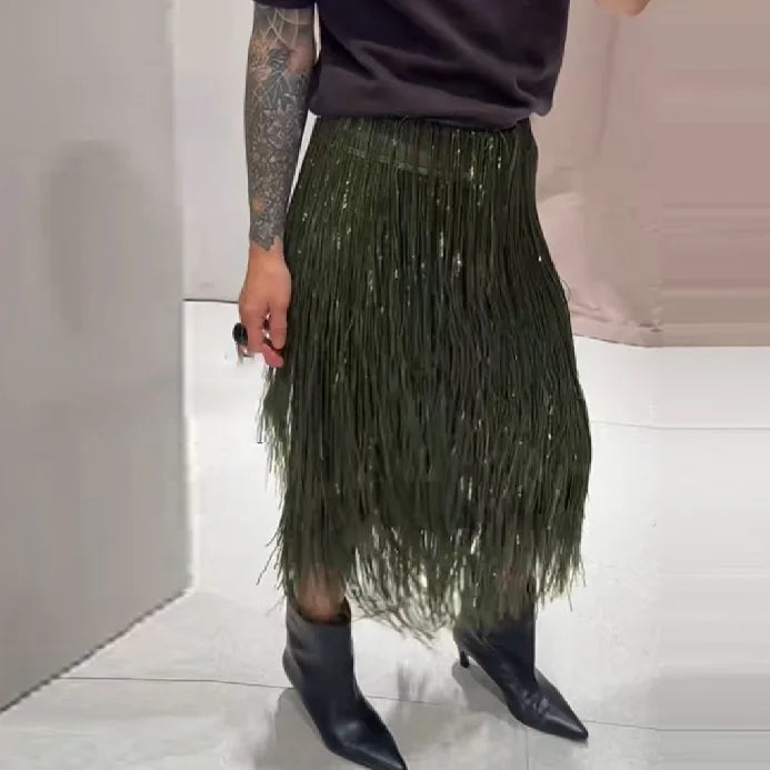 Women's High-Waist Tassel Pencil Midi Skirt