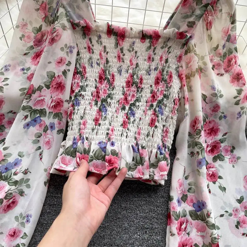 Pink Floral Chiffon Blouse Women Square Collar Lantern Sleeve Korean Fashion