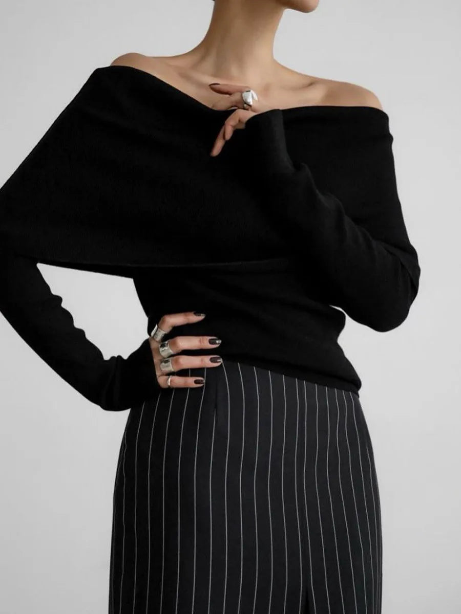 Off Shoulder Knit Sweater Long Sleeve Slim Fit Pullover