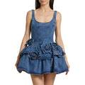 3D Floral Denim Halter A-Line Maxi Dress