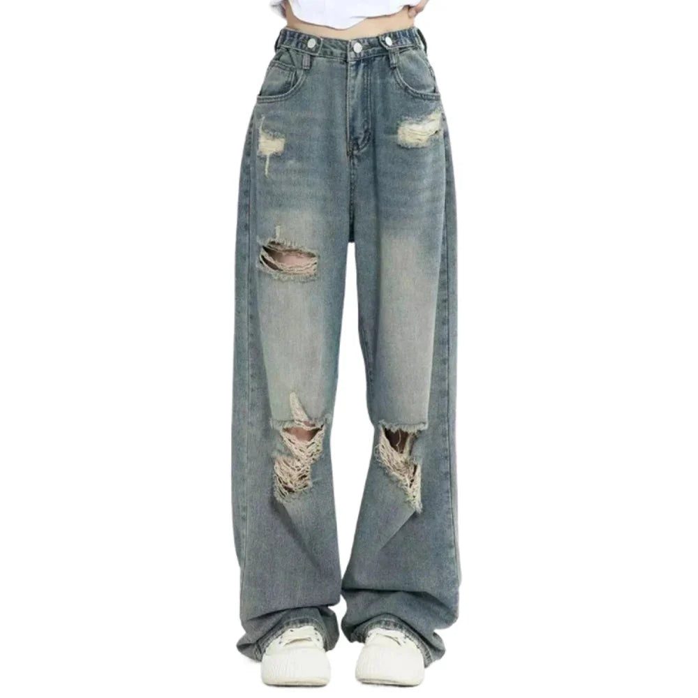 High Waist Distressed Wide Leg Jeans Ripped Loose Fit Retro