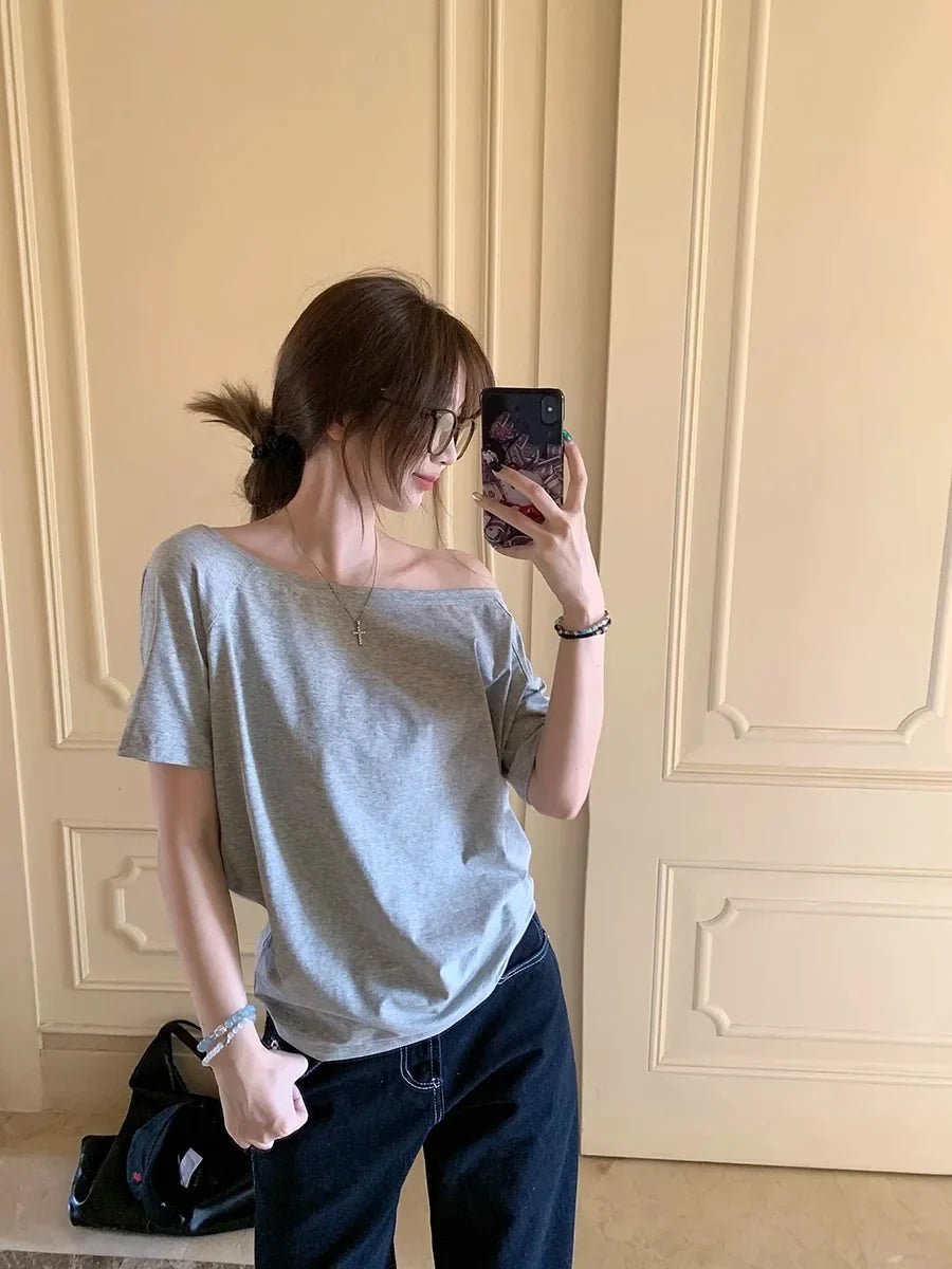 Women's Solid Color Skew Collar Short Sleeve T-Shirt