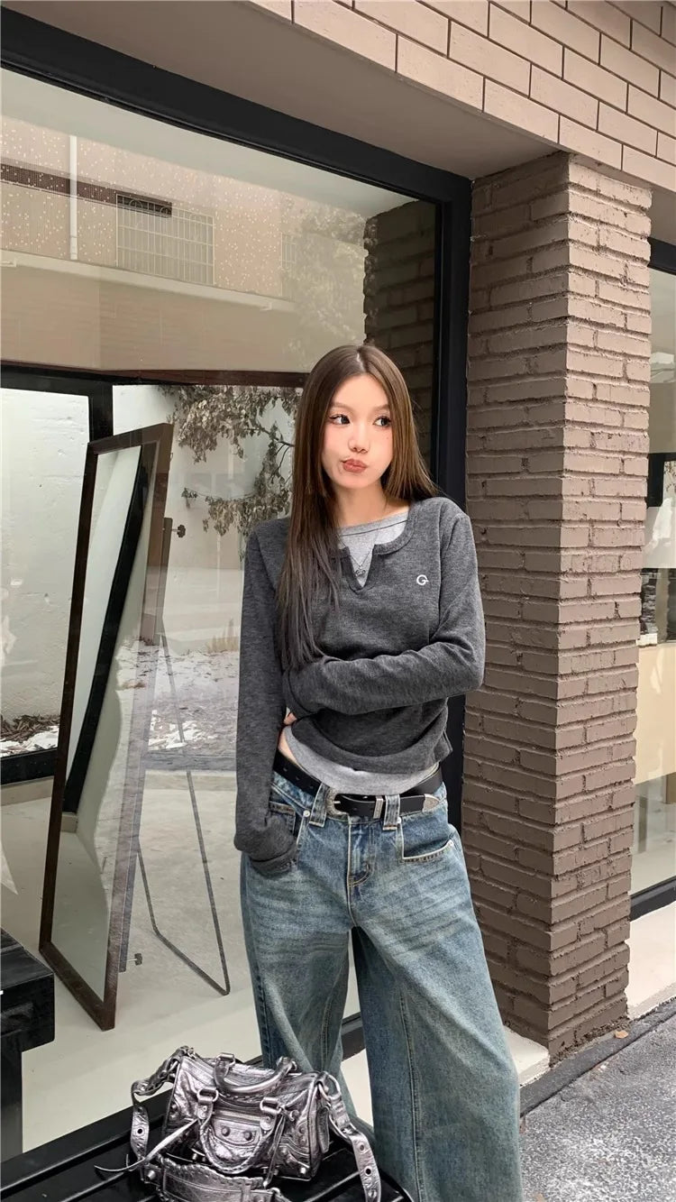 Round Neck Long Sleeve Layered Top Slim Fit Fake Two-Piece