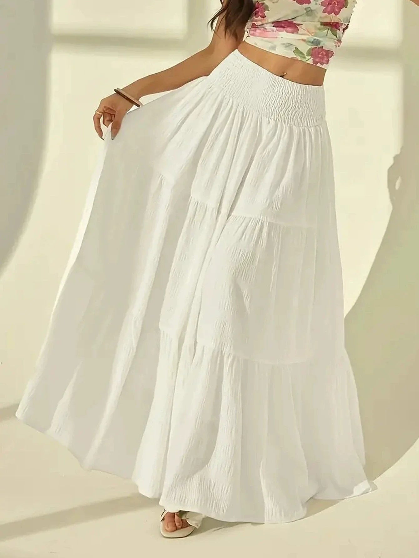 Women  Fashion Tiered Maxi Skirt Elastic Waist Casual Solid Color A-line Faldas Mujer Holiday Streetwear Long Jupes