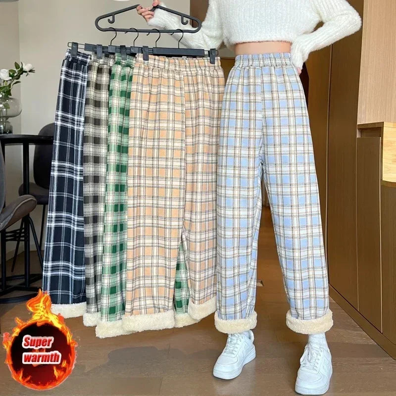 Plaid Wide Leg Plush Pants Warm Cashmere Loose Mid Waist Casual