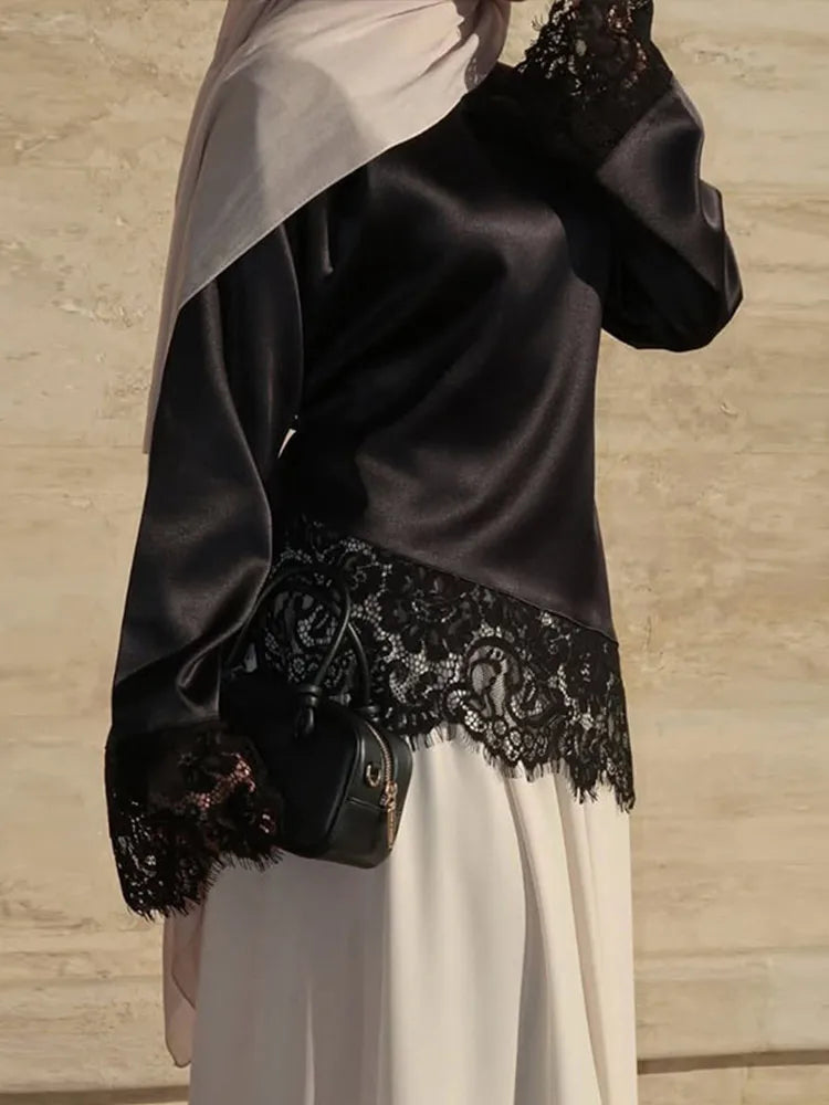Women's O-Neck Lantern Sleeve Satin Lace Patchwork Loose Blouse
