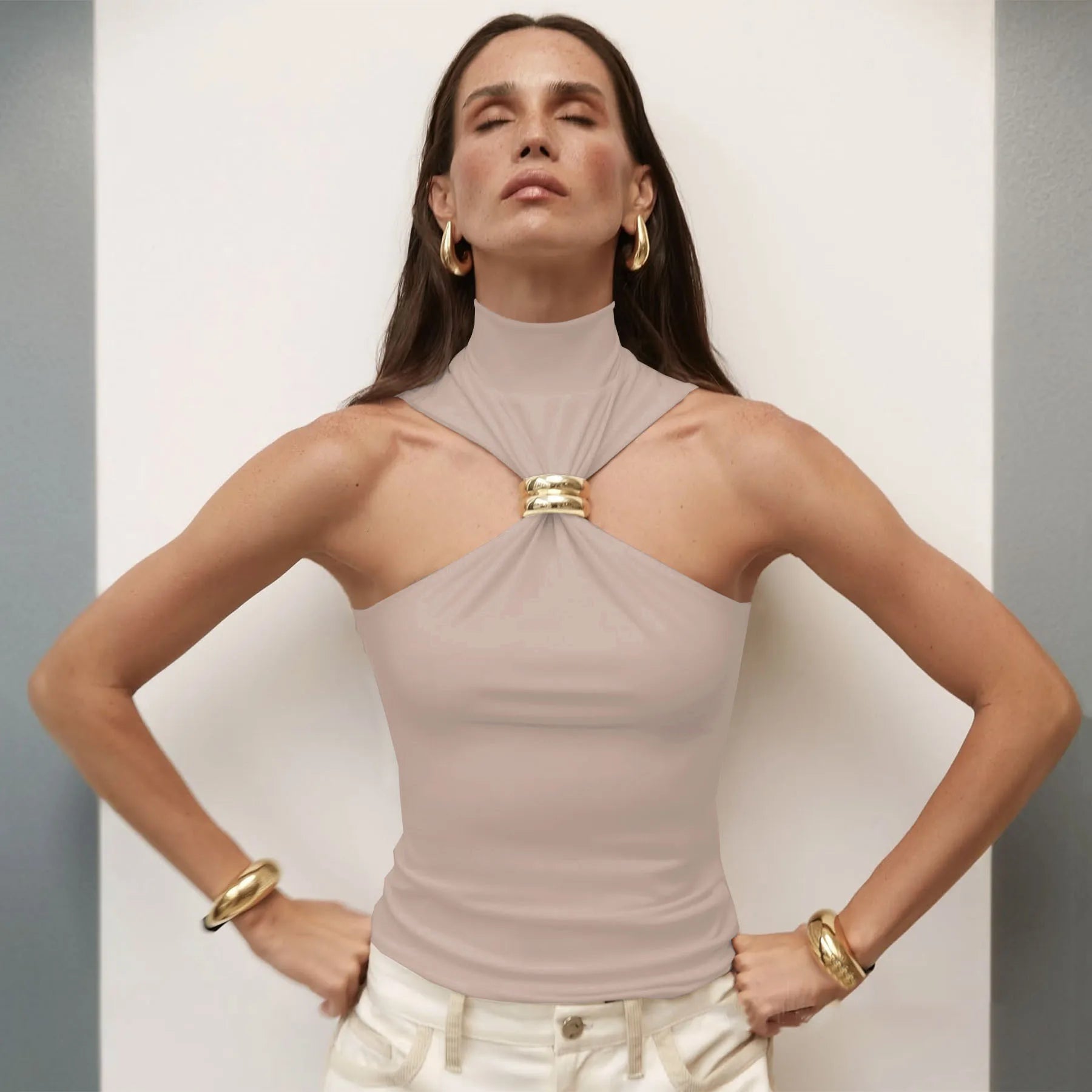 Turtleneck Metal Ring Sleeveless Knit Crop Tank Top